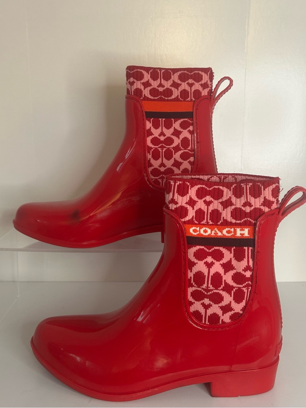 Coach Red Patent Logo Knit Chelsea Rain Booties